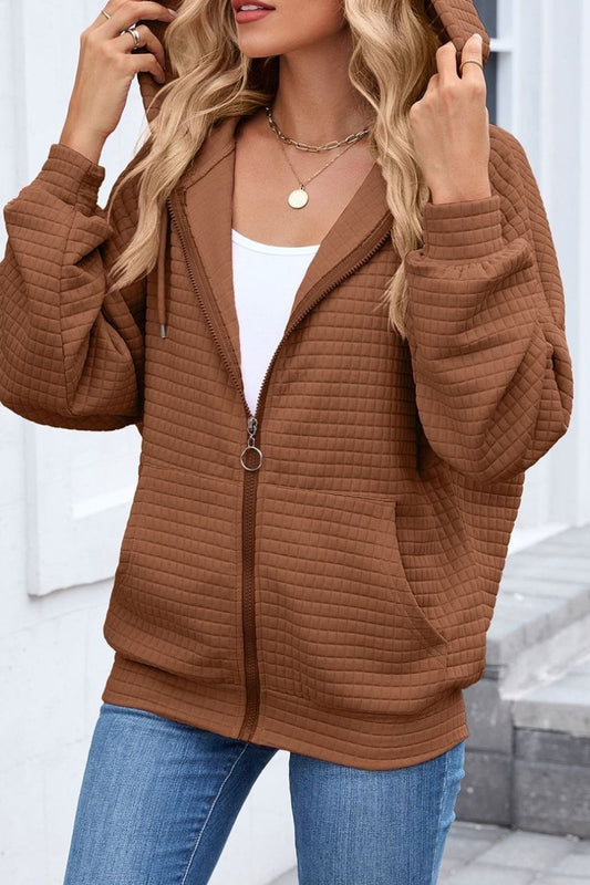 Quilted Zip-Up Hoodie Casual Long Sleeve Sweatshirt