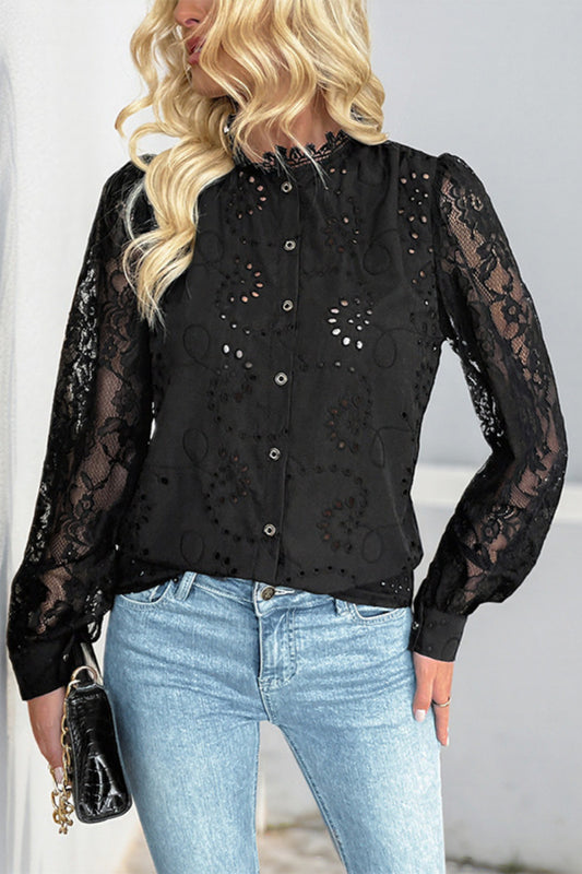 Black Lace Patchwork Long Sleeve Button Blouse