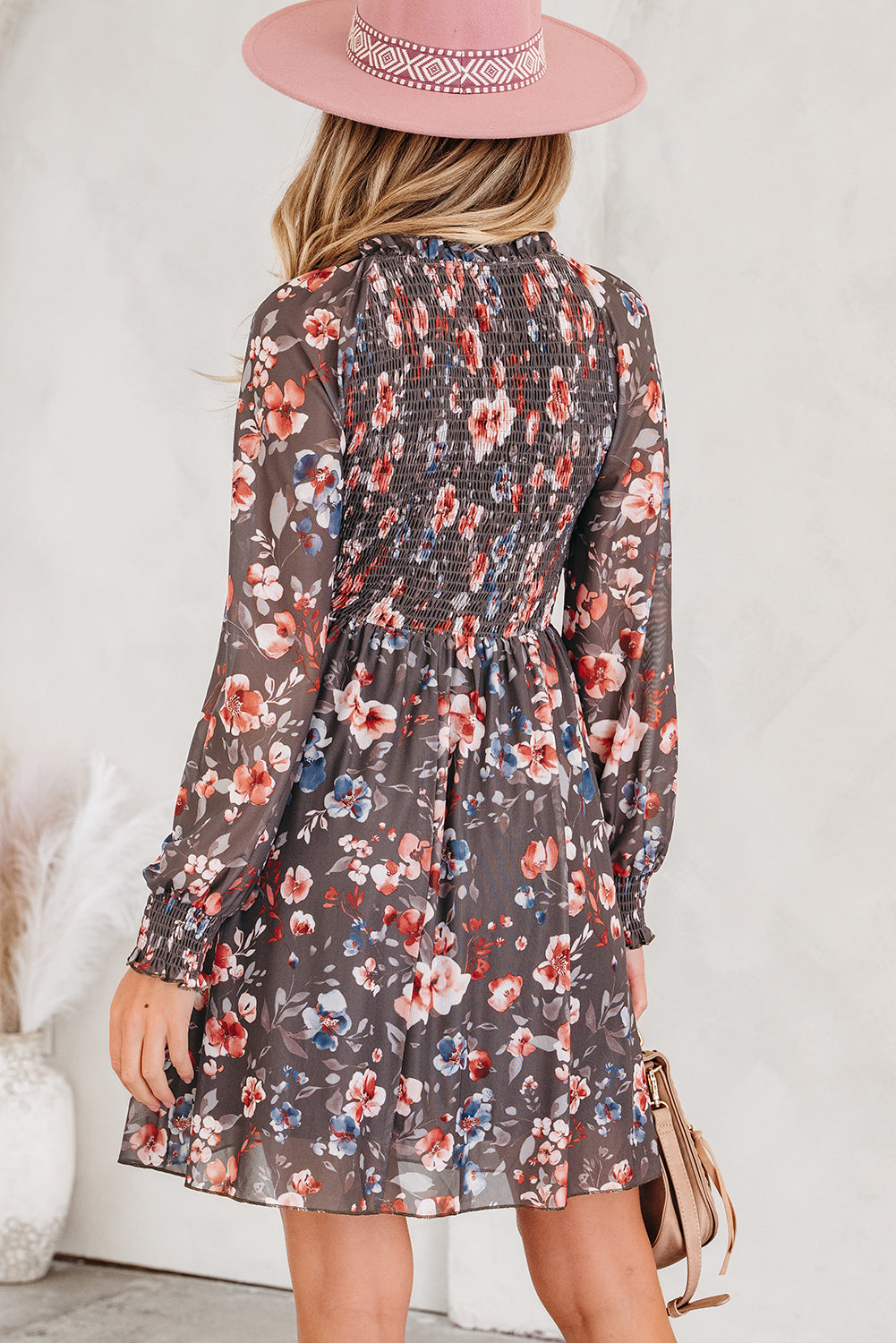 Fall Floral Smocked Bodice Mesh Long Sleeve Mini Dress