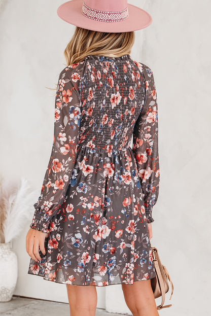 Fall Floral Smocked Bodice Mesh Long Sleeve Mini Dress