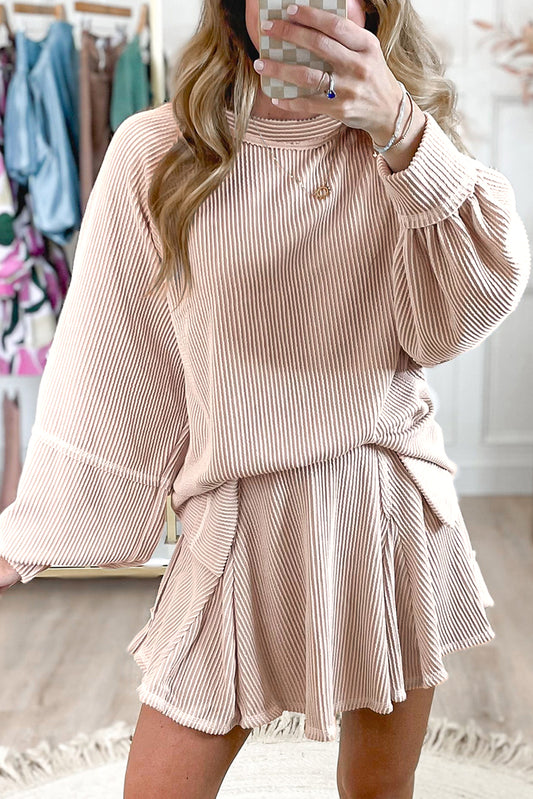 Corded Lantern Sleeve Top High Waist Ruffled Skirt Set