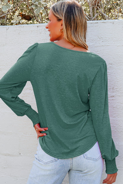 Shirred Shoulder Frilled Cuffs Long Sleeve Top