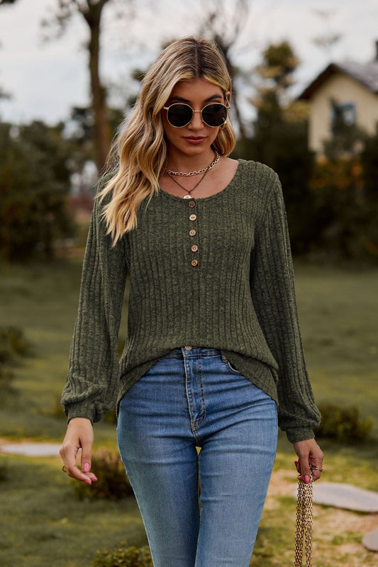 Ribbed Knit Button Front Casual Long Sleeve Top