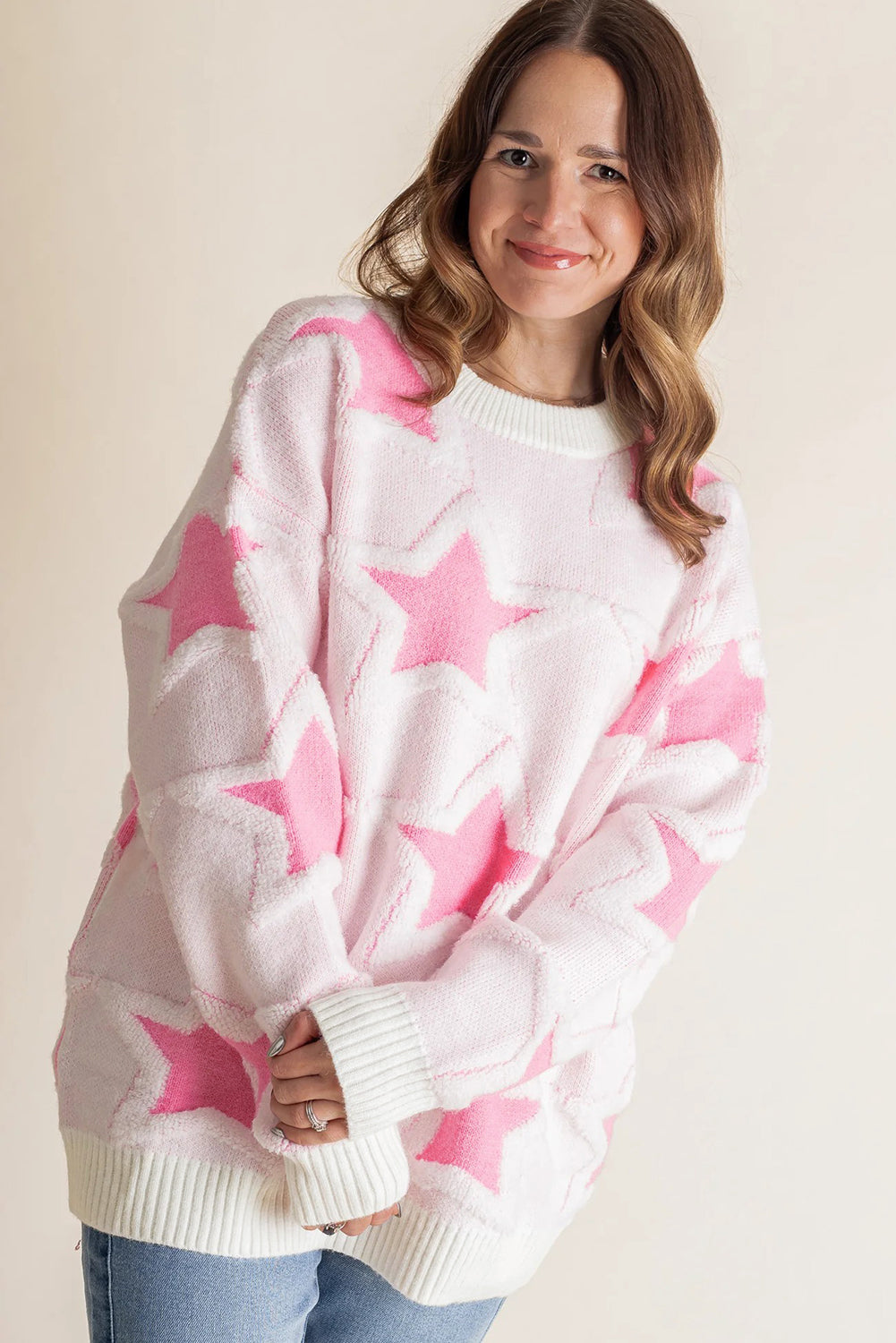 Oversized Cute Star Pattern Ribbed Edge Drop Shoulder Sweater