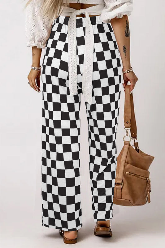2-Tone Checked High Waist Wide Leg Pants