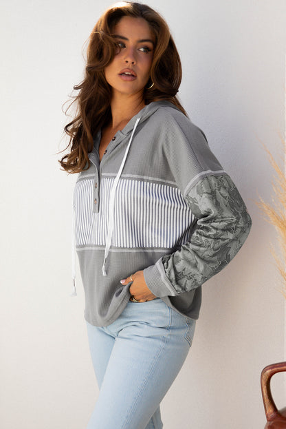 Waffle Patchwork Stripe Print Hooded Long Sleeve Top