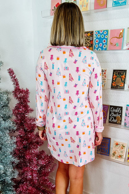 Pink Christmas Tree Print Button-Down Sleep Dress