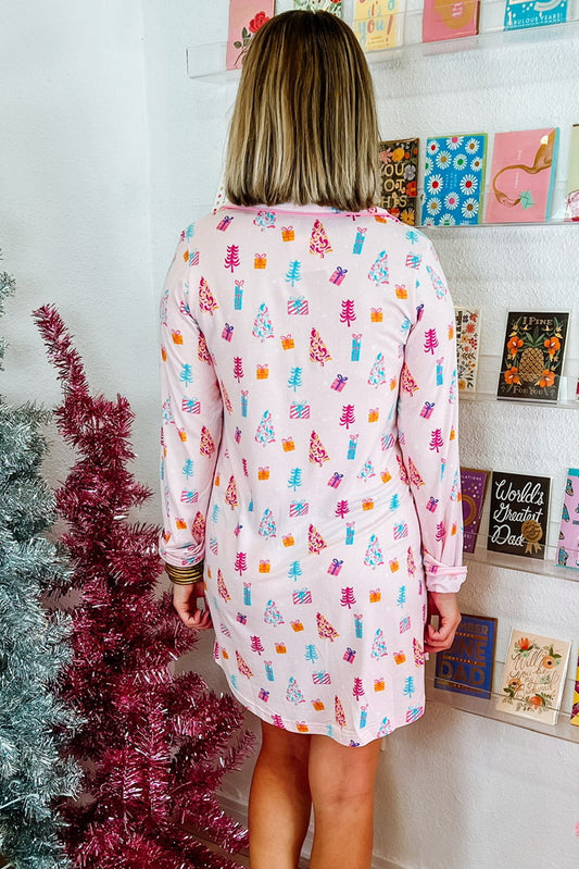 Pink Christmas Tree Print Button-Down Sleep Dress