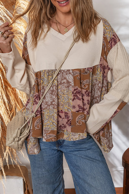 Paisley Patchwork V Neck Long Sleeve Fall Top
