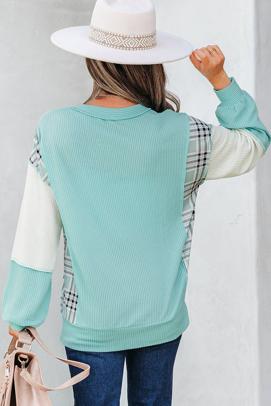 Corded Texture Split Neck Colorblock Casual Top