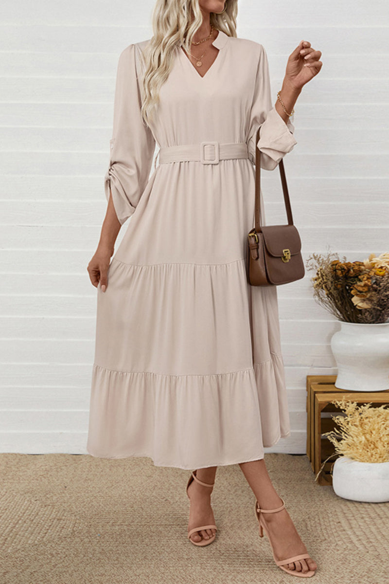Elegant Belted V-neck Long Sleeve Midi Dress for Casual & Work