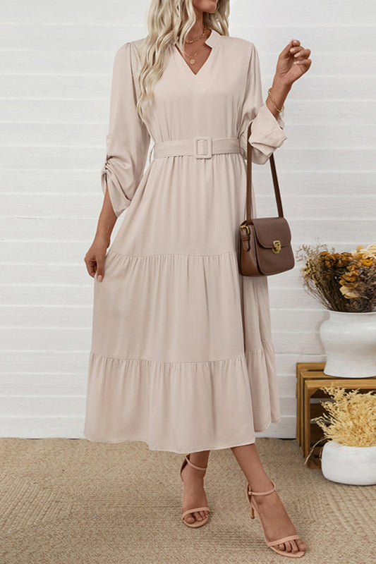 Elegant Belted V-neck Long Sleeve Midi Dress for Casual & Work