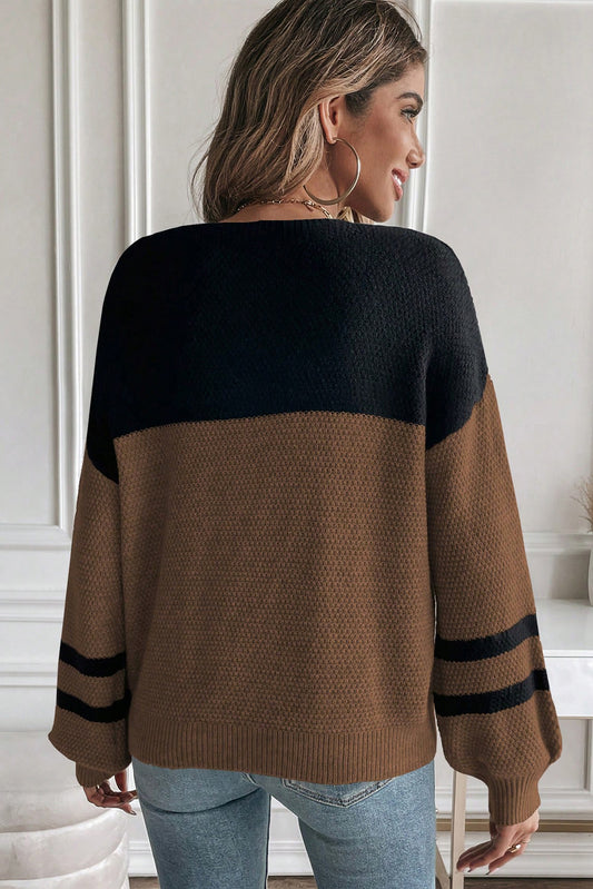 Block Knit Striped Sleeve Casual Fall Sweater
