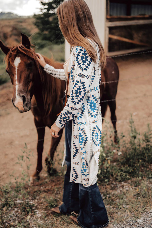 Western Aztec Printed Open Front Long Cardigan