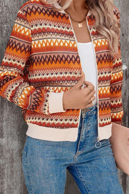 Orange Striped Zip Up Boho Long Sleeve Jacket