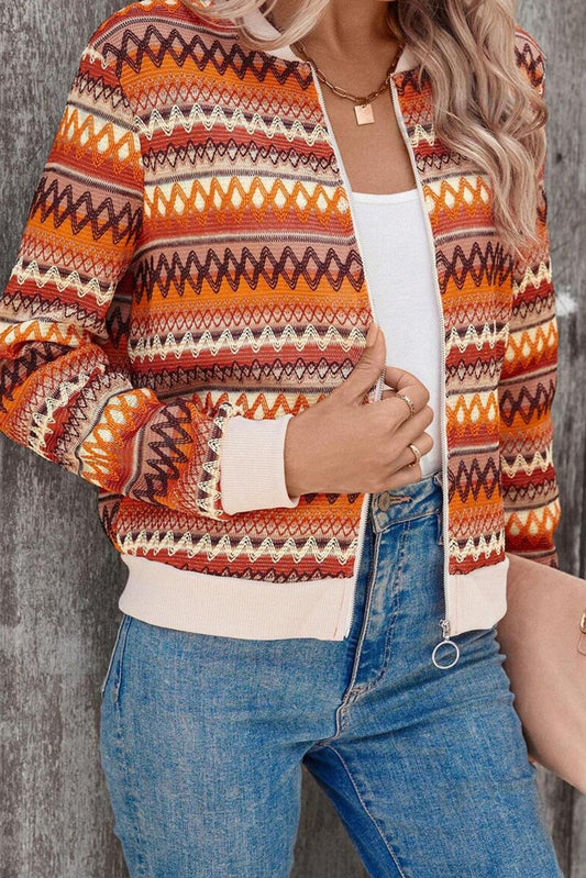 Orange Striped Zip Up Boho Long Sleeve Jacket