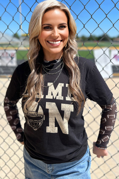 Game Day Football Print Sheer Long Sleeve Top