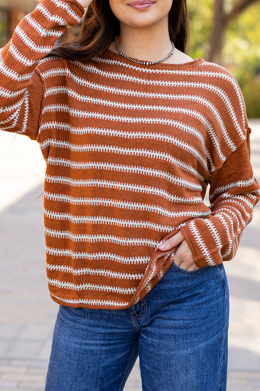 Thanksgiving Striped Drop Shoulder Knit Sweater