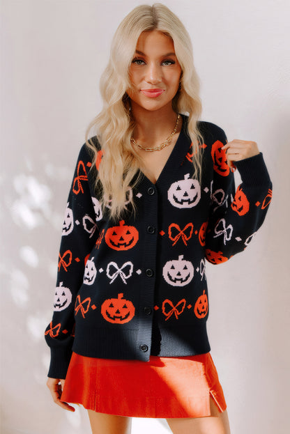Black Halloween Pumpkin Bow Knit V Neck Cardigan