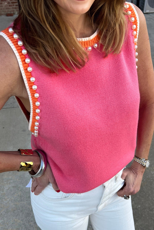 Contrast Trim Pearl Detail Sweater Tank Top
