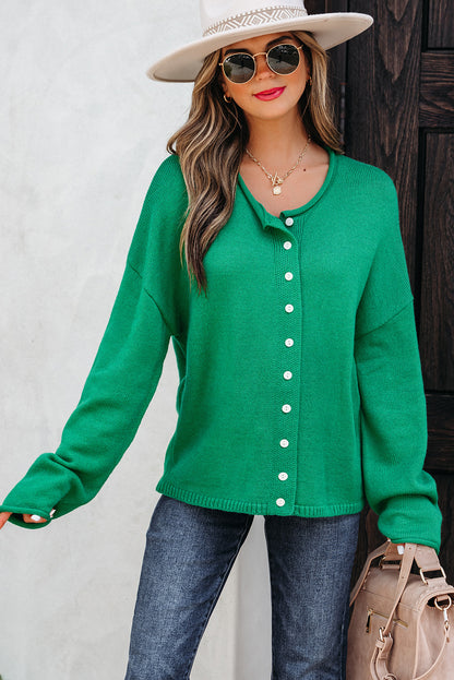 Bright Green Knit Button Front Drop Shoulder Cardigan