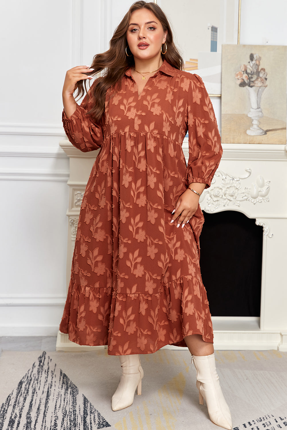 Cinnamon Plus Size Floral Ruffle Hem Long Dress