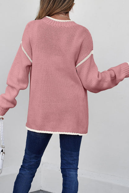 Women Color Block Crew Neck Pullover Sweater