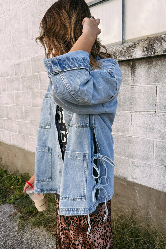 Beau Blue Side Tie Denim Jacket with Multi Pockets