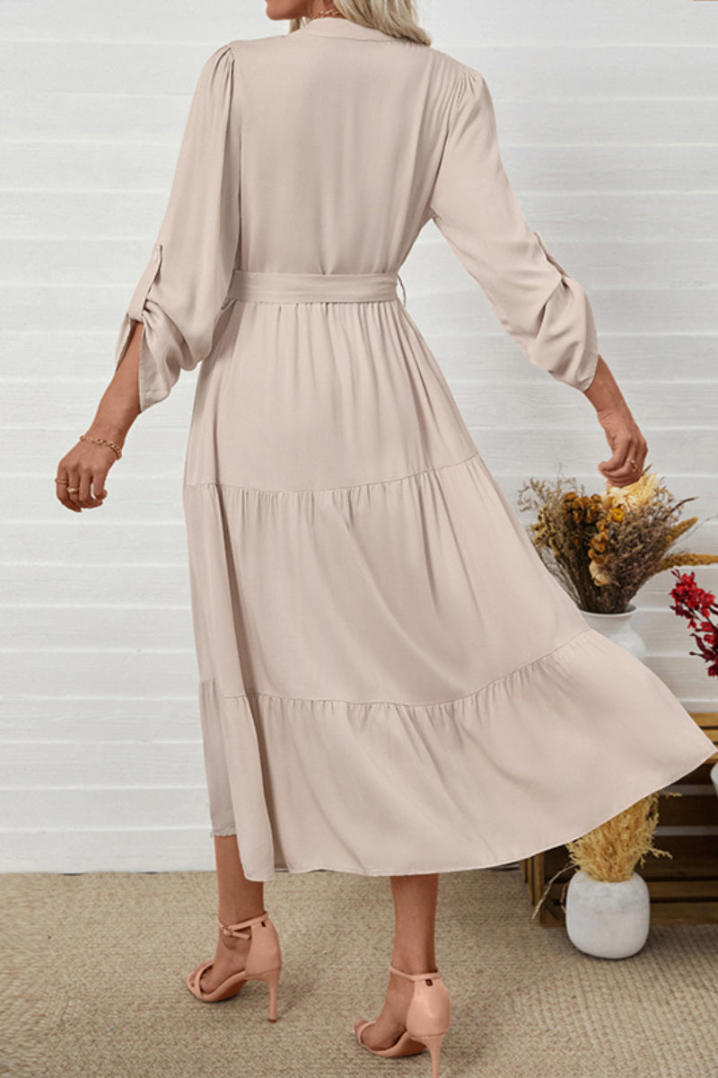 Elegant Belted V-neck Long Sleeve Midi Dress for Casual & Work