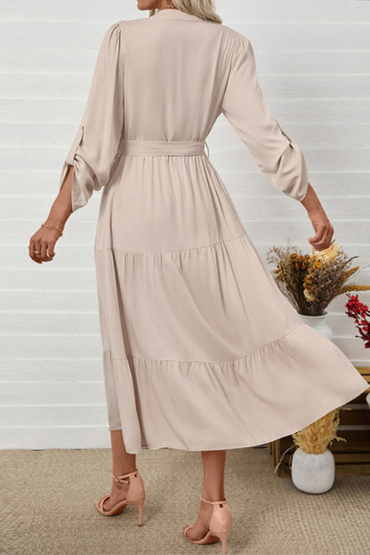 Elegant Belted V-neck Long Sleeve Midi Dress for Casual & Work