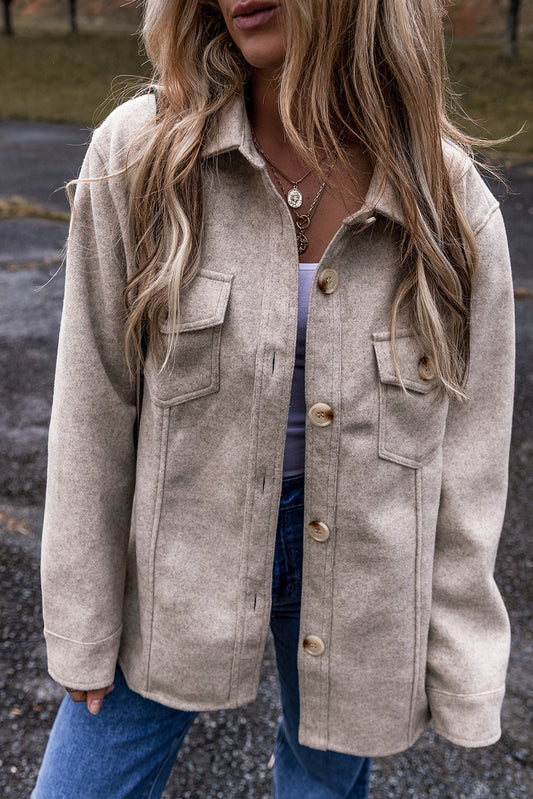 Light Grey Turn-Down Collar Buttoned Pockets Shacket