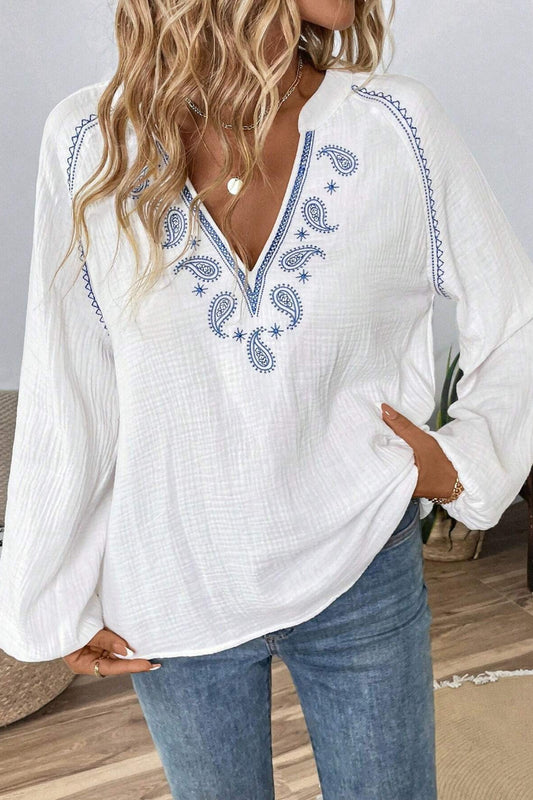 Boho Embroidered Cotton V-Neck Blouse Puff Sleeves Top