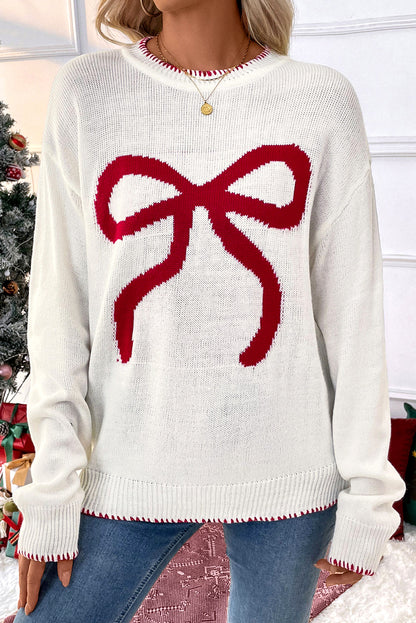 Bow Pattern Contrast Trim Christmas Loose Sweater