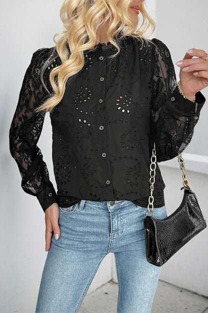 Black Lace Patchwork Long Sleeve Button Blouse