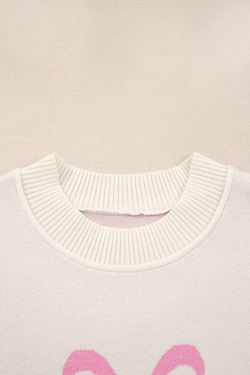 Pink Bow Print Ribbed Trim Casual Loose Sweater