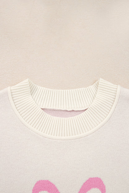 Pink Bow Print Ribbed Trim Casual Loose Sweater