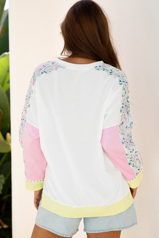 Floral Colorblock Chest Pocket Long Sleeve Top