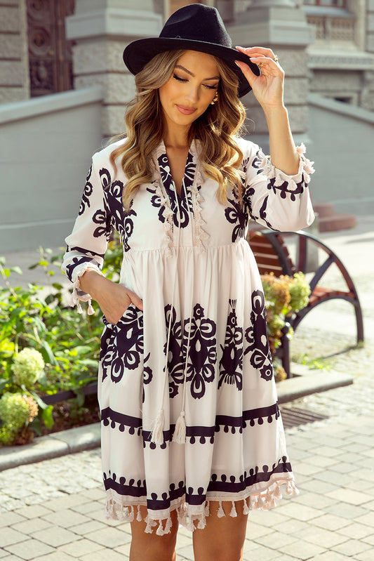 Beige Geometric Print Notch Neck Tassel Dress