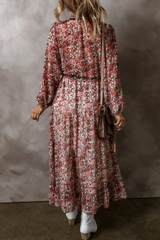 Floral Print V Neck Bishop Sleeve High Waist Midi Dress