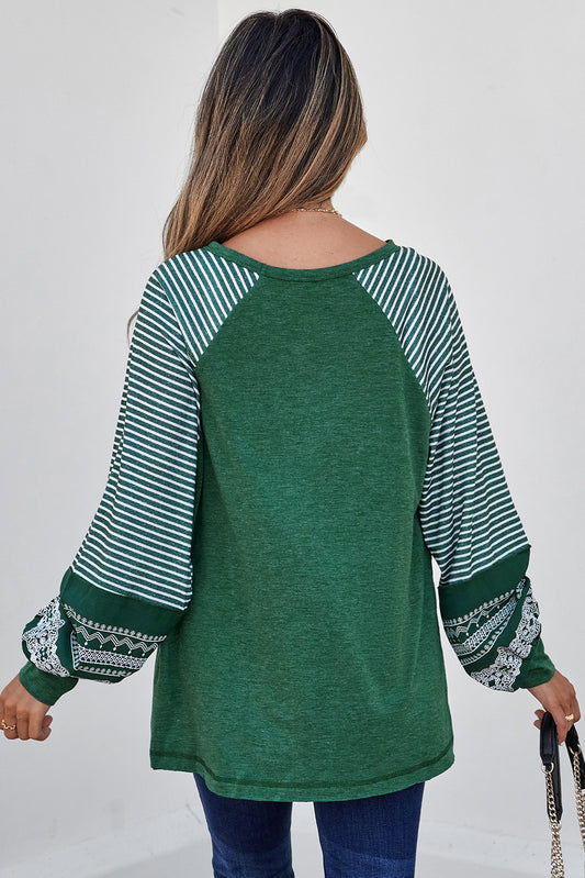 Contrast Print Striped Raglan Long Sleeve Loose Top