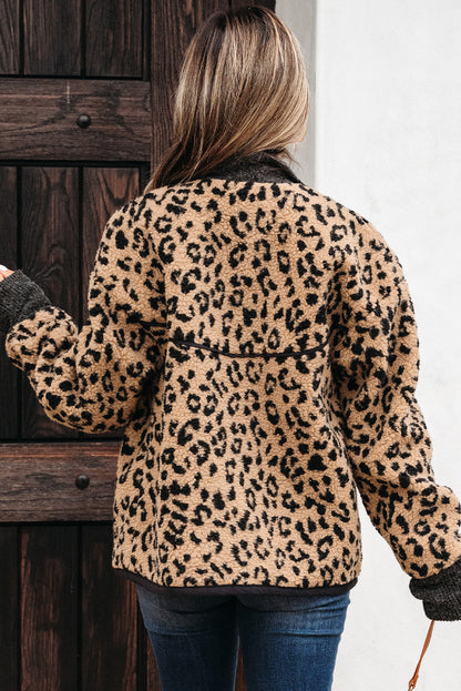 Leopard Zip Up Stand Collar Fall Jacket