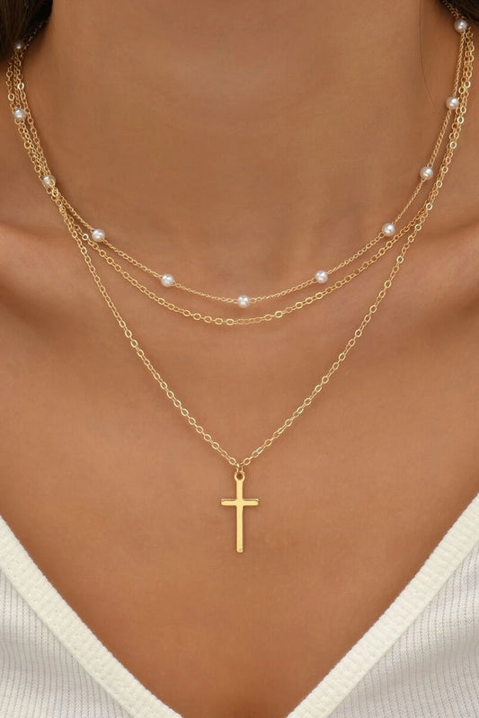 Gold Cross Pearl Layered Pendant Necklace