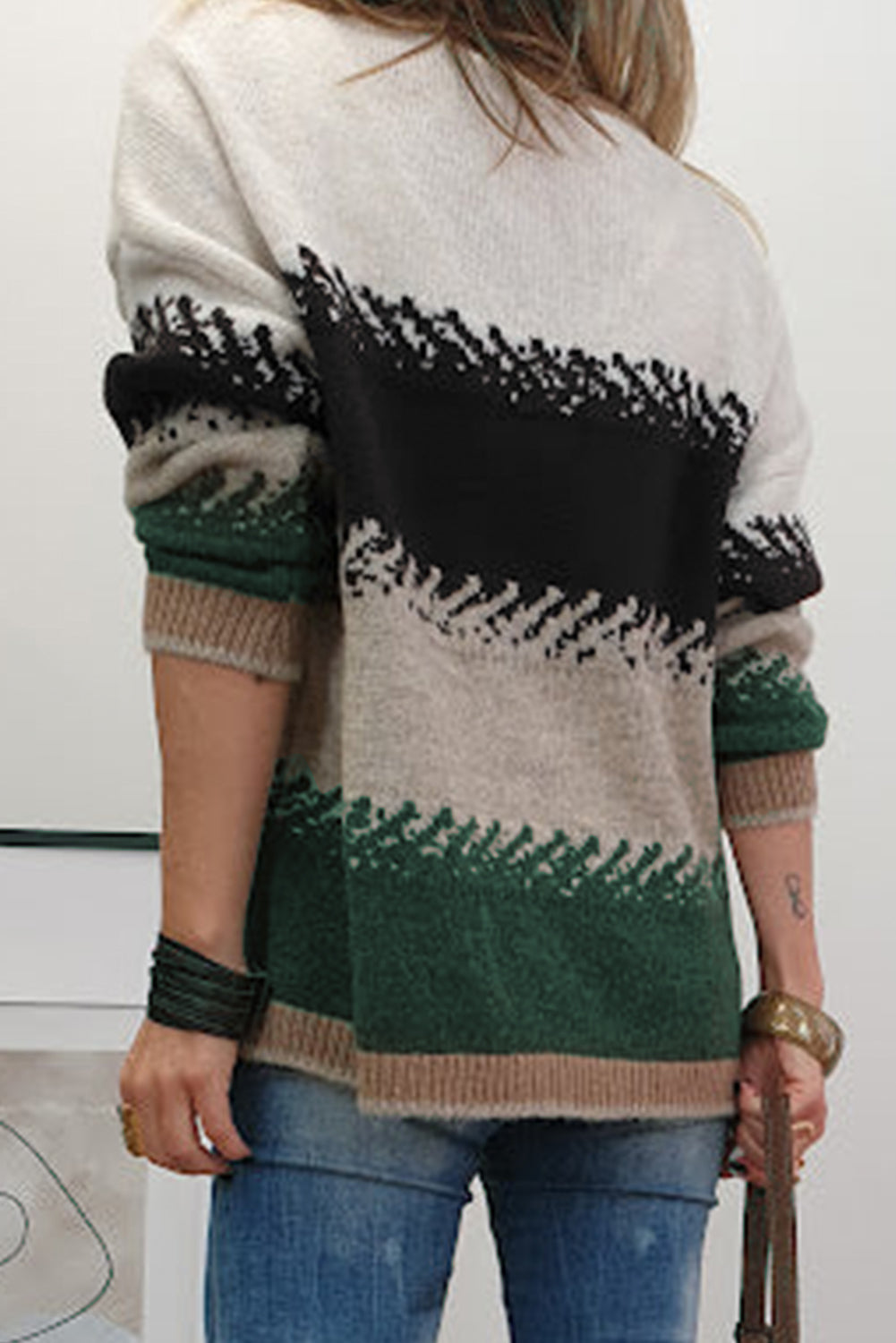 Stylish Color Block Pattern Drop Shoulder Sweater