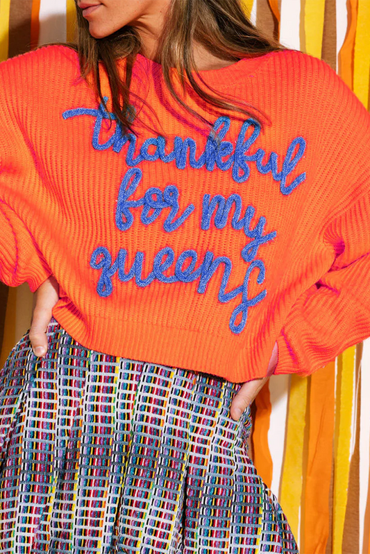 Thankful for My Queens Orange Ribbed Knit Sweater