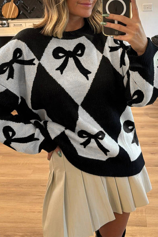 Bow Print Colorblock Rhombus Knit Sweater
