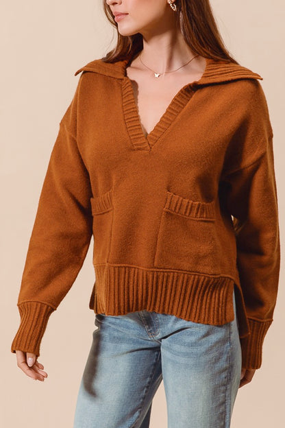 Flap Collar V Neck Sweater Pullover With Pocket