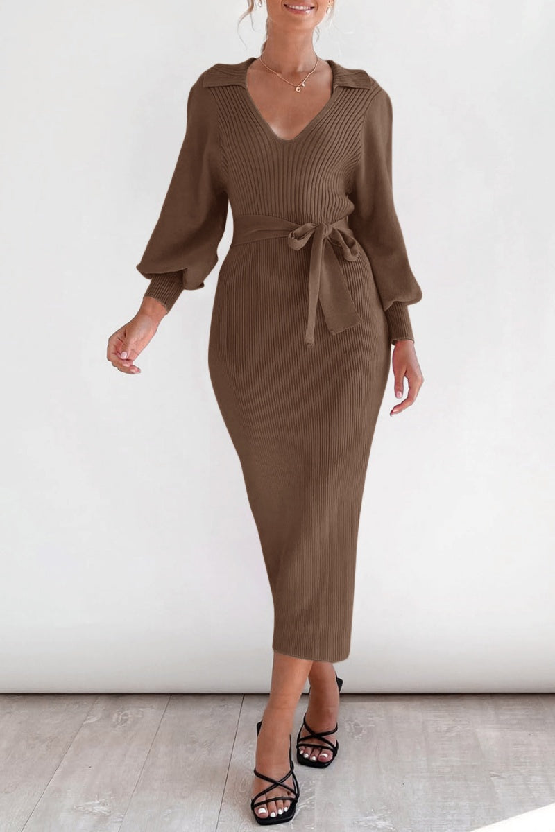 Elegant V Neck Lantern Sleeve Knit Belted Midi Sweater Dress