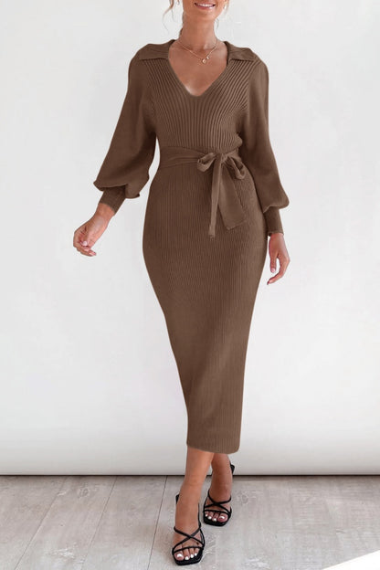 Elegant V Neck Lantern Sleeve Knit Belted Midi Sweater Dress