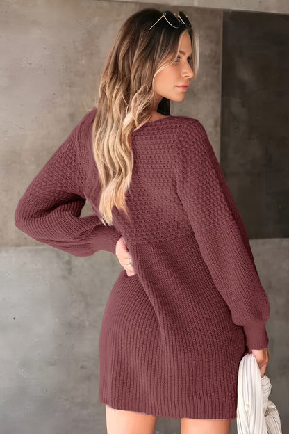 V Neck Long Sleeve Knit Sweater Dress with Balloon Sleeves