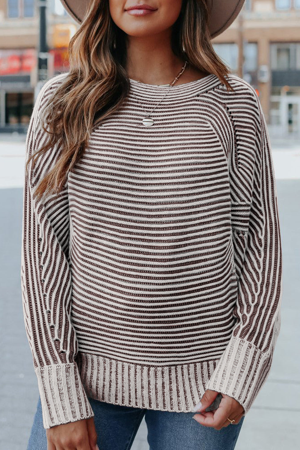 Striped Knit Oversized Boat Neck Fall Sweater